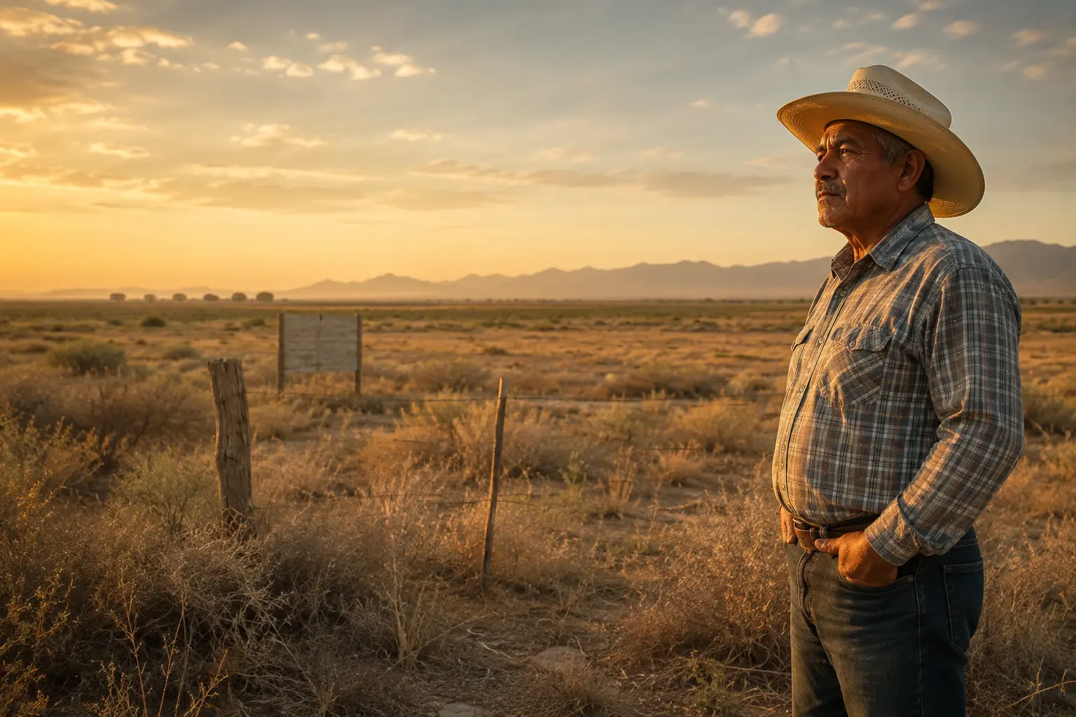 Propietario de tierra observando su terreno al atardecer en el valle de Mexicali