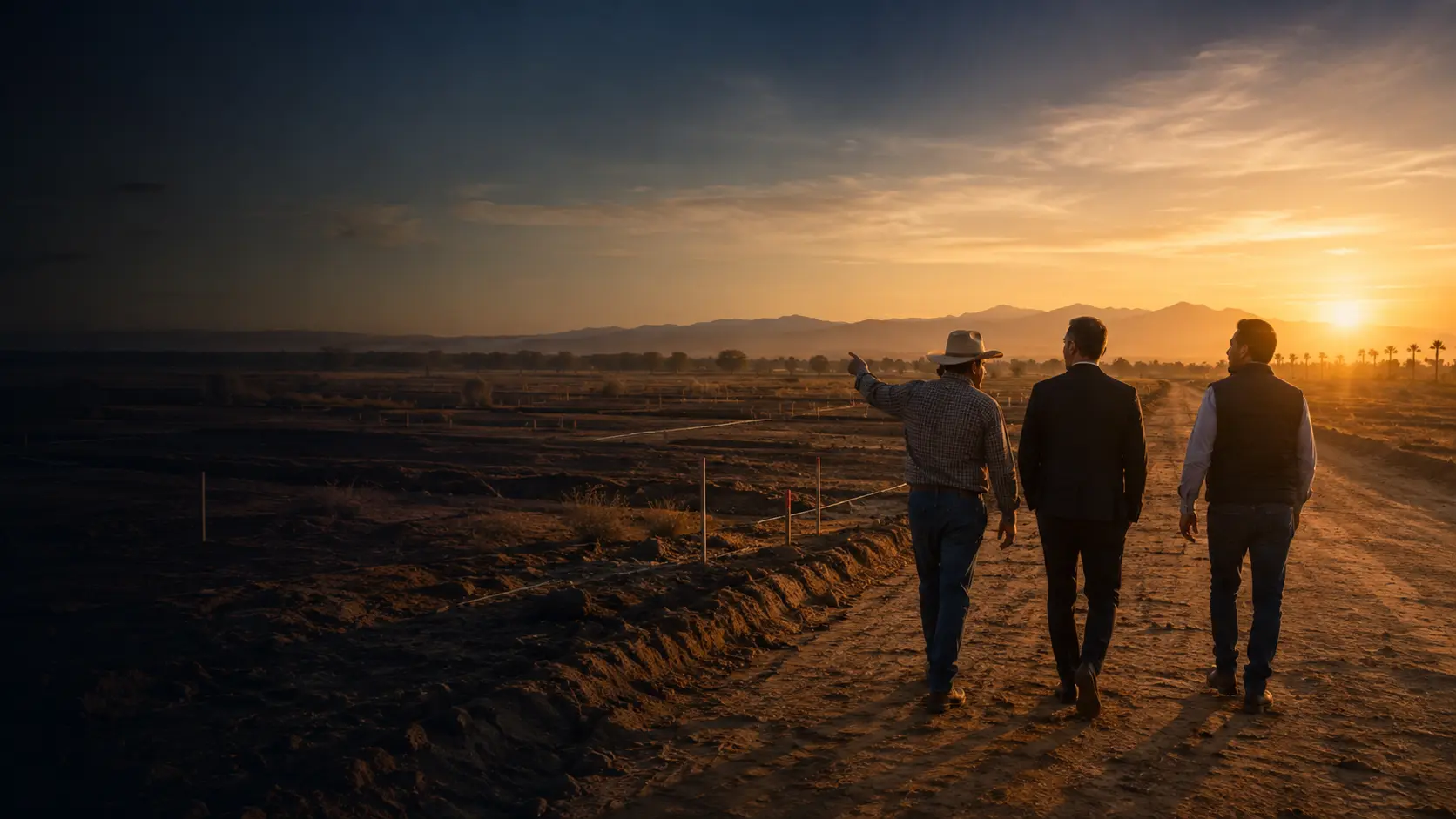 Propietario de tierra, inversionista y desarrollador recorriendo un desarrollo al atardecer