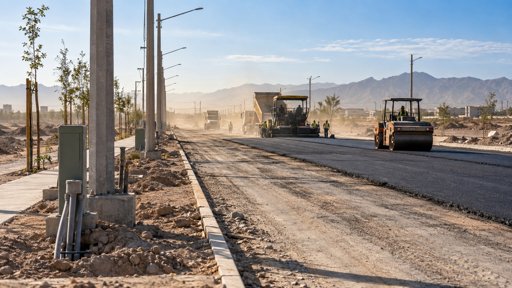 Calle de la urbanización en obra: asfaltadora, camión volquete y rodillo compactan el pavimento de un nuevo desarrollo