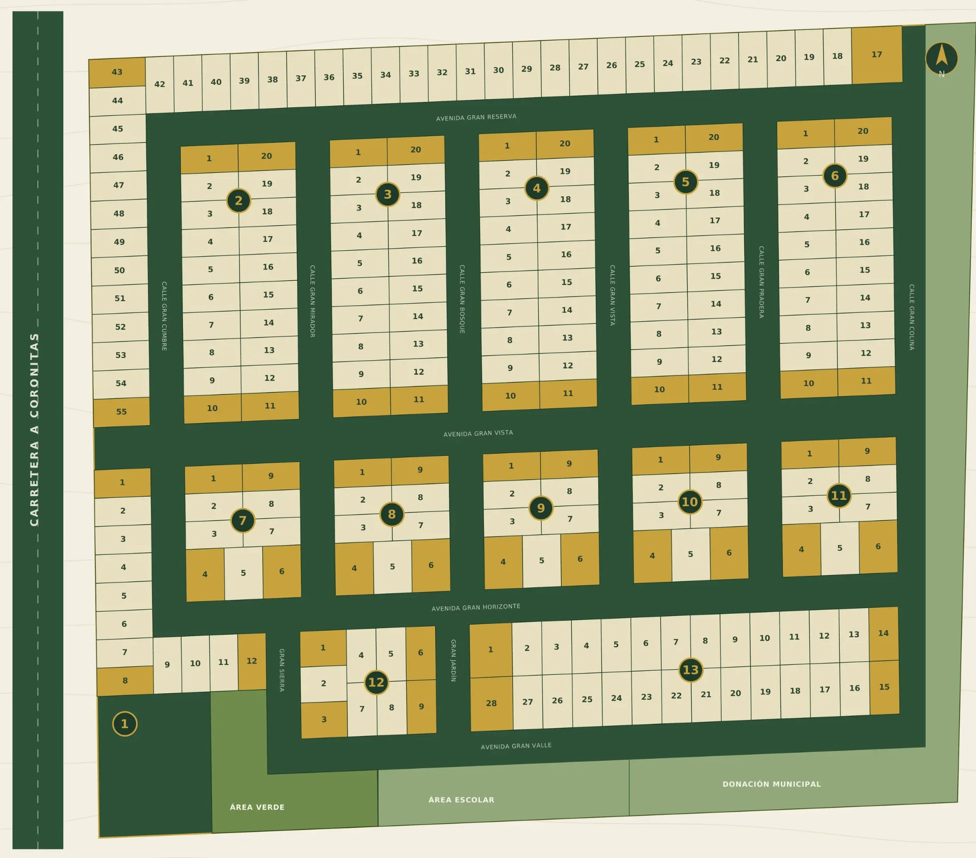 Mapa oficial del desarrollo Cumbres del Valle con 233 terrenos distribuidos en 13 manzanas, vialidades, área verde, área escolar y donación municipal.
